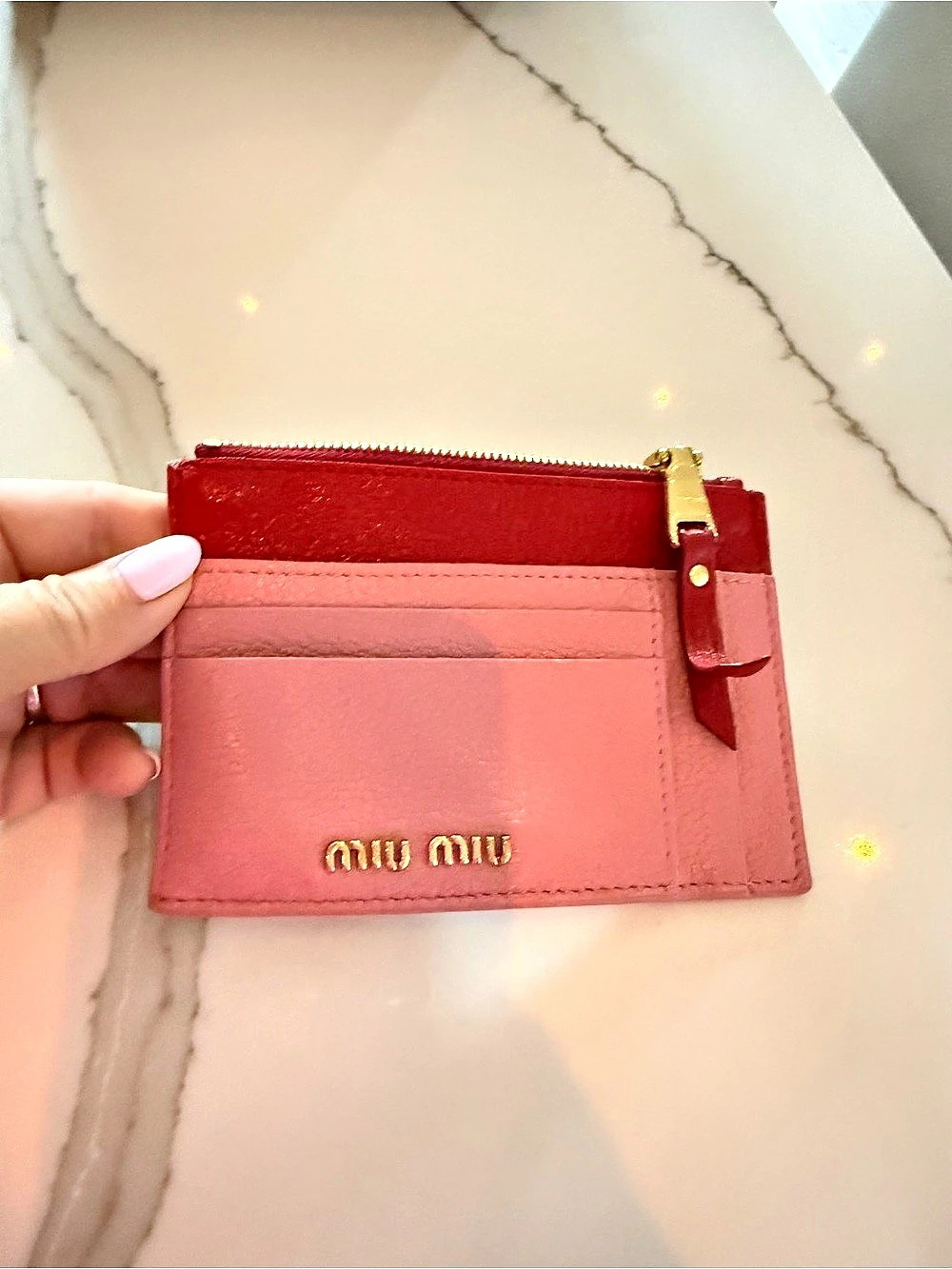 Miu Colorblock Leather Zip Card Holder Pink & Red
